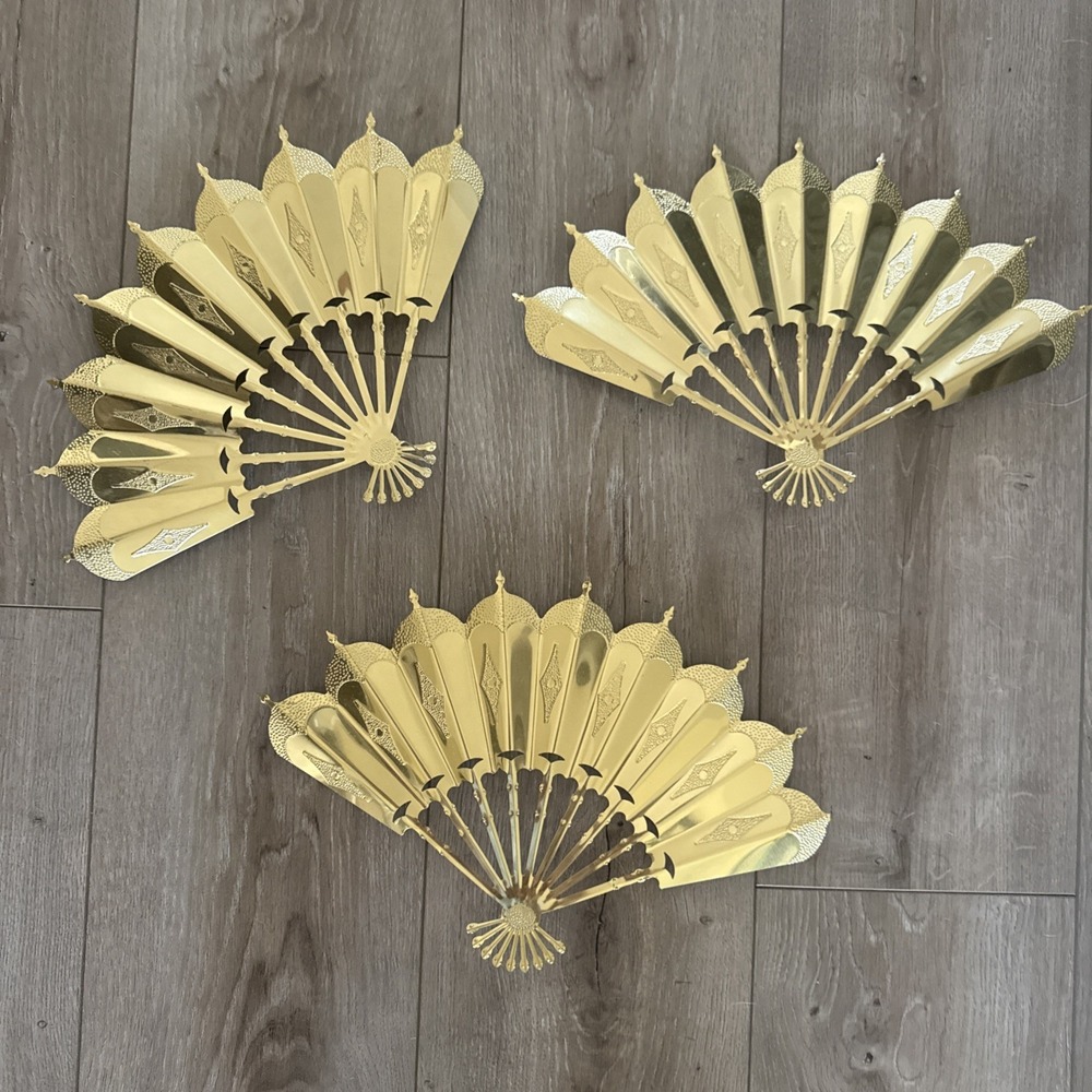 Vintage Home Interiors Homco Set of 3 Metal Gold Tone Wall Art Fans Wall Hanging